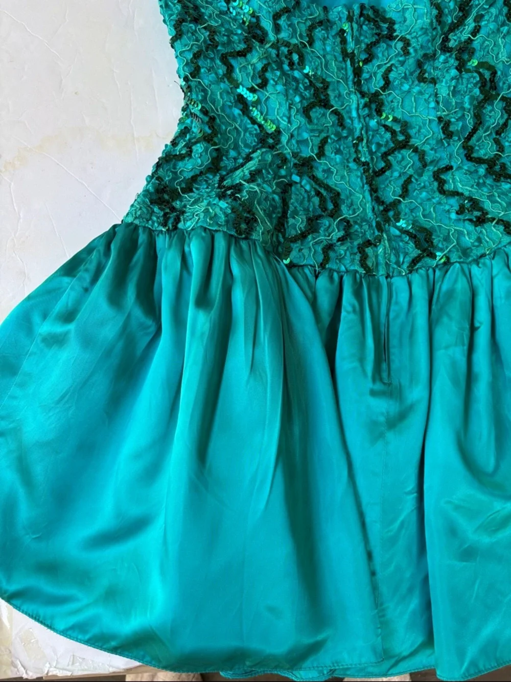 Vintage 80’s Sequin Party Dress Teal Bow Halter Bow Dropwaist Cocktail Dance 90’ - Picture 12 of 17